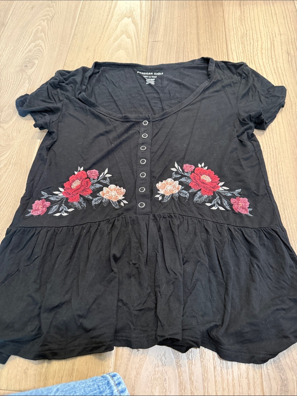 American Eagle Outfitters Black Short Sleeve Floral Embroidered Peplum Top